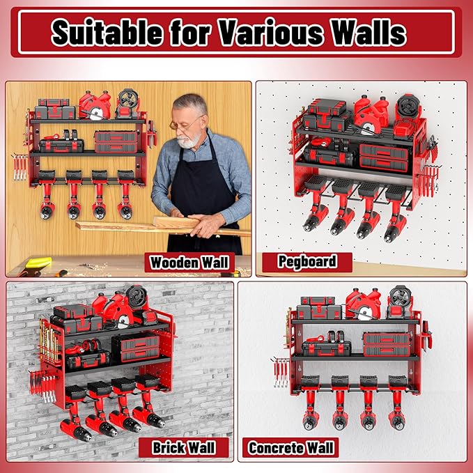 FaloStwer Modular Power Tool Organizer Wall Mount, Garage Drill Storage Shelf with Hooks, Heavy Duty Metal Premium Garage Tool Shelf, Gift for Man Cordless Tool Storage Rack (Red)