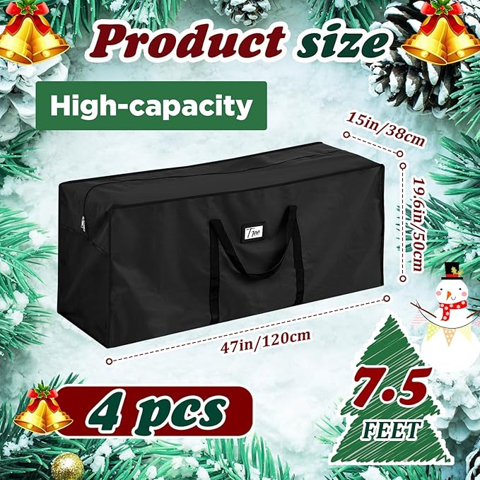 Paterr 4 Pack 7.5 ft Christmas Tree Storage Bags 600d Oxford Heavy Duty Waterproof Disassembled Holiday Tree Storage Box Container with Handles and Zippers(Black)