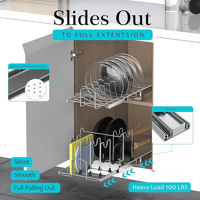 STORKING Pots and Pans Pull Out Organizer Under Cabinet, Adjustable Slide Out Pan and Pot Lid Rack Holder, Wire Dividers Kitchen Organization And Storage, Full-Extension Rail 12" W X 20" D