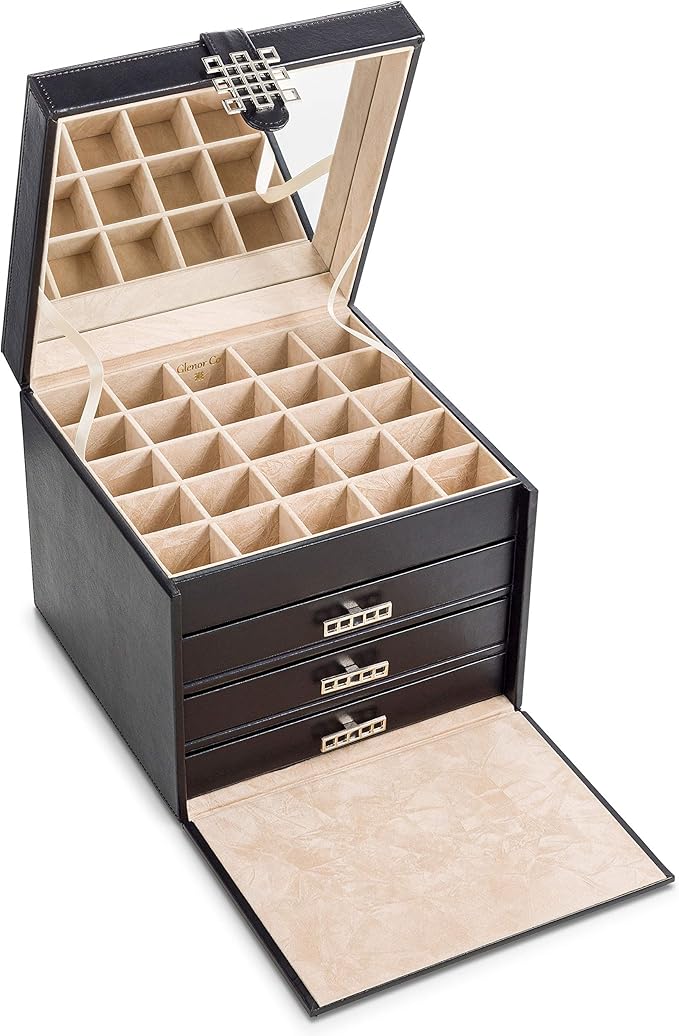 Glenor Co Earring Organizer Holder - 75 Small & 4 Large Slots Classic Jewelry Box with Drawer & Modern Closure, Mirror, 4 Trays Earrings, Ring or Chain Storage - PU Leather Case - Black
