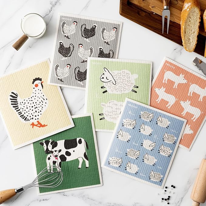 RECYCO Swedish Dishcloths for Kitchen | 6 Pack Farmhouse Friends Washable Dish Rags | Cellulose Reusable Cleaning Paper Towels | Absorbent Counter Dish Cloth Sponge Kitchen Wipes, 8" L x 7" W