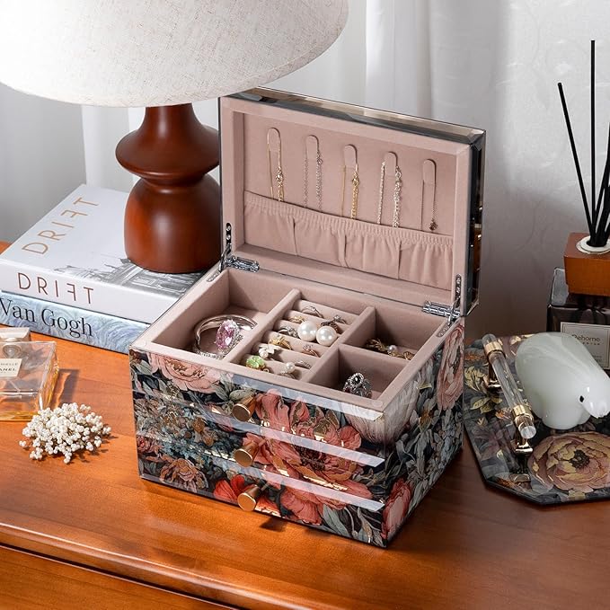 Glass Jewelry Box With Floral Pattern, 3-Tier Jewelry Organizer for Women Girls,Jewelry Gift Decorative Boxes, Art Painting Tabletop Ornament Organizer For Earring Necklace Christmas Gifts