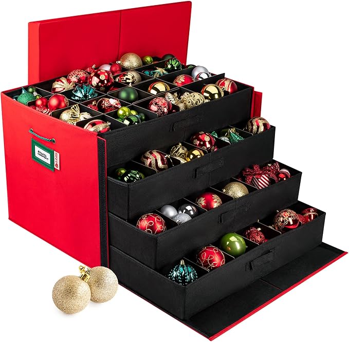 HOLDN’ STORAGE Christmas Ornament Storage Box with Dividers, Stores Ornaments up to 96 of 3 Inch Large Christmas Ball Storage Containers with 4 Trays - Red