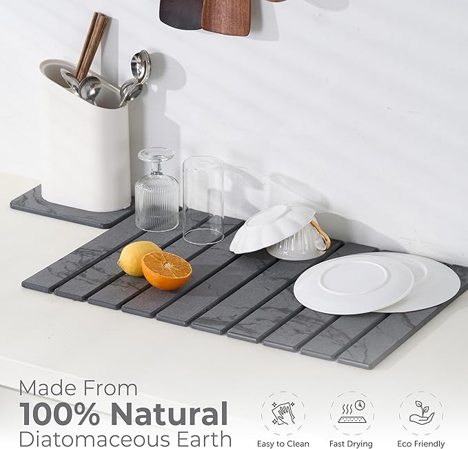 Large Stone Dish Drying Mat for Kitchen Counter, 2PCS Quick Dry Stone Dishes Mats, Foldable Water Absorbing Diatomaceous Earth Drying Pad for Bottles Dish Cups(Dark Gray 24"×16" & 8"x5")