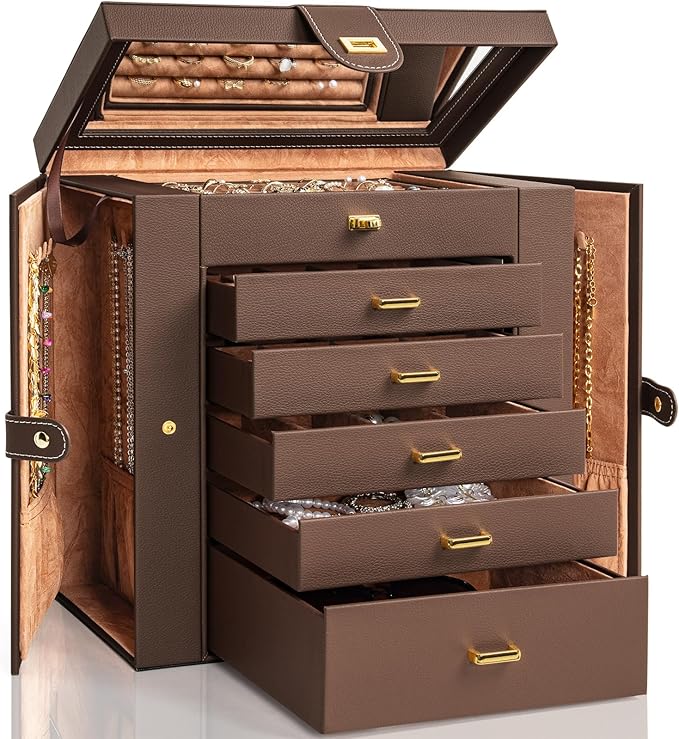 AKOZLIN Large 6-Tier Jewelry Box Organizer Functional Huge Lockable,5 Drawers Leather Jewelry Storage Case for Women Girls Ring Necklace Earring Bracelet Holder Organizer with Mirror Brown