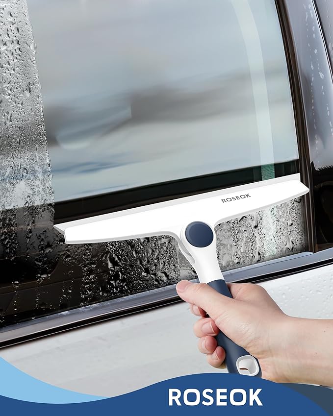 ROSEOK All-Purpose Silicone Squeegee for Shower Glass with Adhesive Hook, Pivoting Head, 10 Inch, Navy Blue, 1 Pack