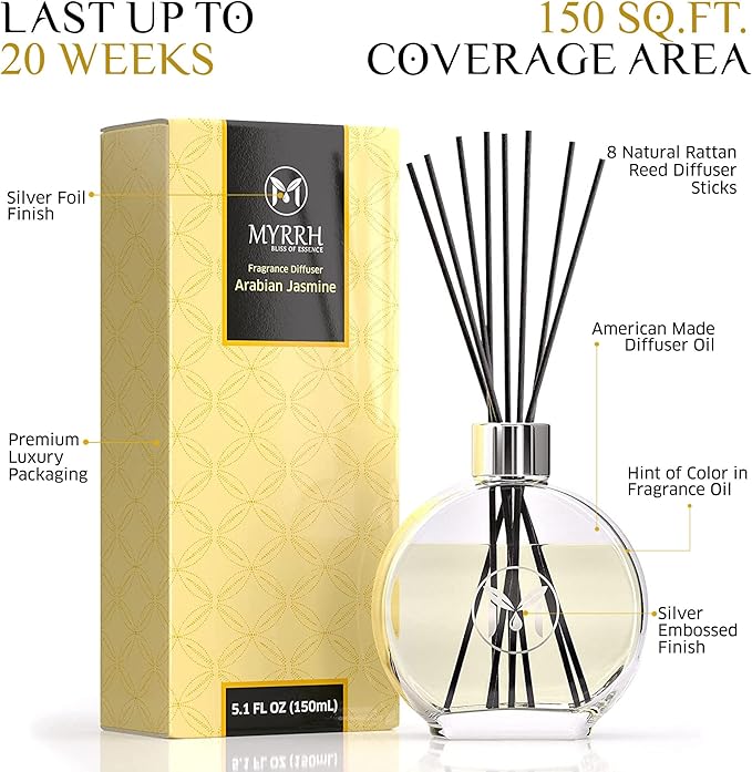 Arabian Jasmine Scented Reed Diffuser Set with 8 Rattan Diffuser Sticks, 150 ml, All Natural Air Freshener, Long-Lasting Diffusers at Home - MyrrhUSA