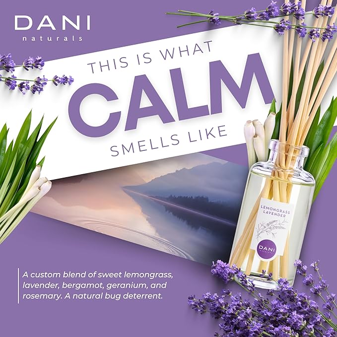 DANI Naturals Reed Diffuser Set - Calming Lavender Lemongrass Scent - Aromatherapy Essential Oils - Alcohol-Free, Non-Toxic - 10 Sticks - 3.5 oz