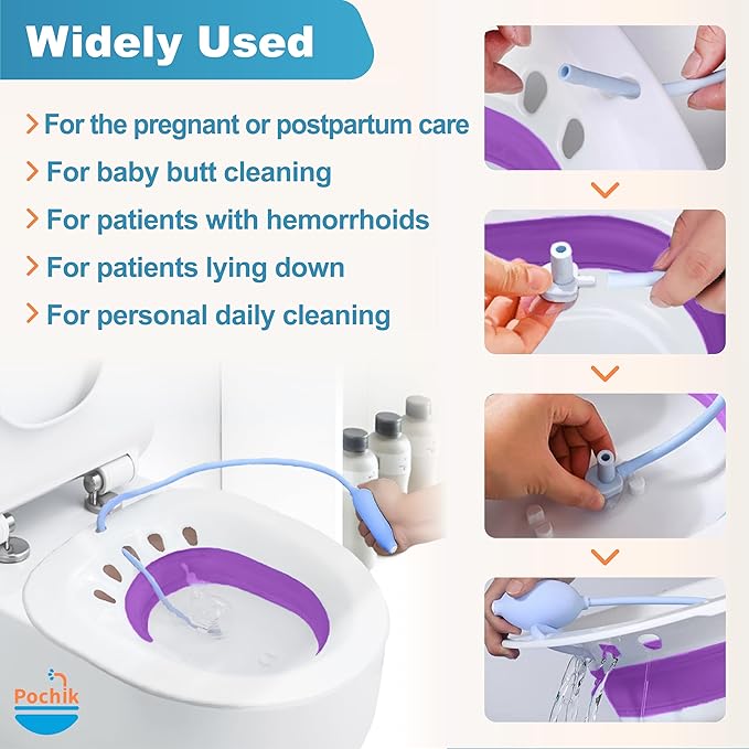 Pochik Sitz Bath for Toilet Seat Hemorrhoids and Postpartum Care, Yoni Steam Seat, Perineal Soaking, Collapsible, Flusher Hose, Drain Holes, Wider Seating Area - Purple