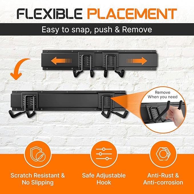 "48 Garage Tool Organizer Wall Mount - Heavy Duty 520lbs Metal Storage Rack, Easy Install Adjustable Hooks for Garden Tools Brooms