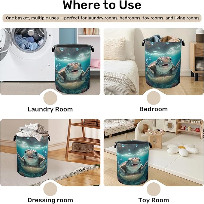 Cute Sea Turtle Foldable Canvas Laundry Basket with Handles - Toy Organizer, Heavy Duty for Home，Bedroom, Dorm, Bathroom