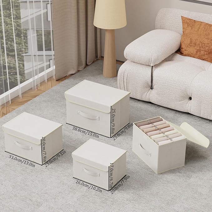 Fabric Storage Bins Cube Organizers with Flip-Top Lid and Handles,Storage Boxes for Organizing Home,Office,and Closet,Beige,3 Pack 13X9.1X7.9 in