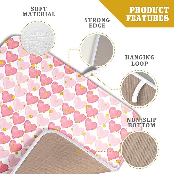 Valentines Day Dish Drying Mat for Kitchen Counter 18x16 Inch Love Drying Mat with Absorbent Reversible Microfiber Golden Pink Heart Dish Drainer Mats Rack Pad for Coffee Countertop Protector