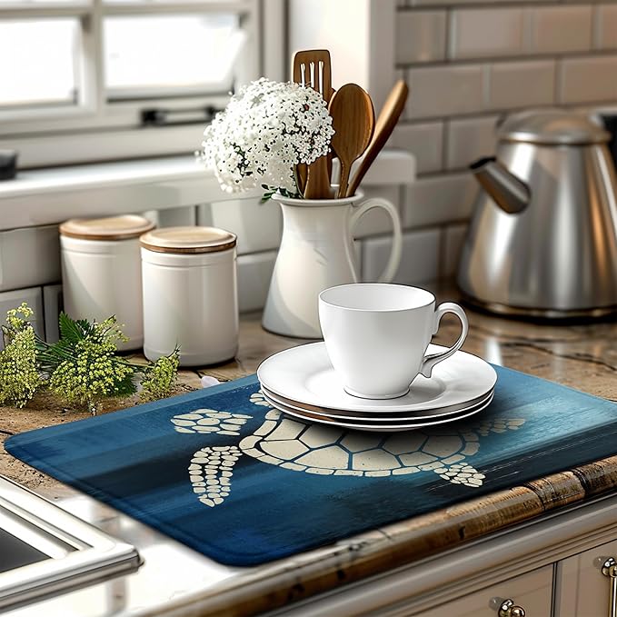 Wnoesat Sea Turtle Dish Drying Mats for Kitchen Counter 18x24 Inch Summer Ocean Animal Microfiber Absorbent Dish Drainer Rack Mats Navy Blue Large Dish Pad with Hanging Loop