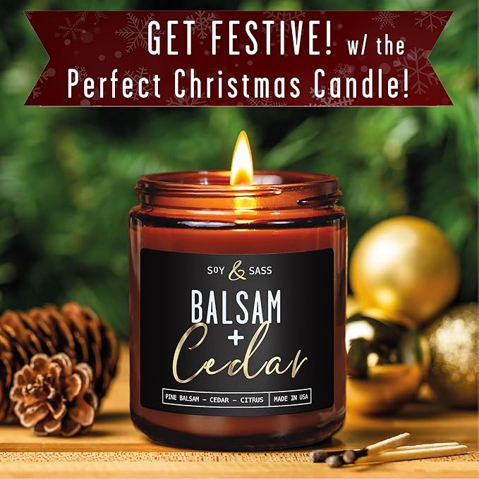 Balsam Candle, Christmas Candles Scented - 'Balsam + Cedar' Soy Candle, w/Balsam Fir, Cedar & Citrus - Infused with Essential Oils I Balsam Fir Candles I 9oz, 50Hr, Made in USA