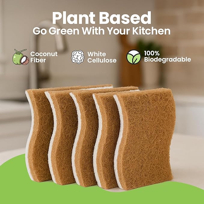 Super Eco Natural Kitchen Sponges Pack of 12 - Biodegradable Compostable Cellulose & Coconut Scrubber Sponge with Non-Scratch - Long Lasting, Eco Friendly Sponges for Dishes, Heavy Duty Dish Scrubber