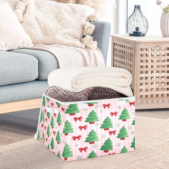 Christmas Tree Bows Stars Storage Bins with Lids Foldable Storage Basket with Handles Collapsible Large Fabric Organizer Containers for Clothes Shelves Closet Office Home