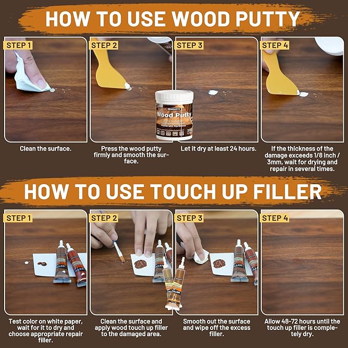 REHOUPTY Wood Furniture Repair Kit, All-in-One Laminate Floor Repair Kit - Wood Putty, 12 Colors Wood Filler & 8 Colors Furniture Markers and Beeswax, Wood Repair for Scratch Cracks Hole Discoloration