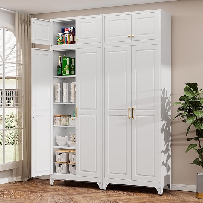 Metal Storage Cabinet, 90" White Pantry Cabinet with 4 Doors and 4 Adjustable Shelves, Tall Cabinets for Dinning Living Room and Dining Room