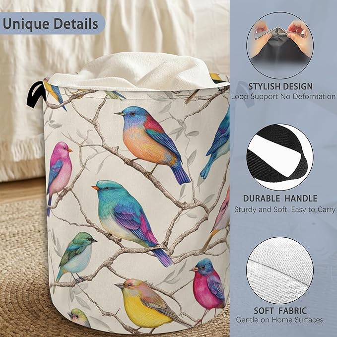 Colorful Bird Laundry Basket,Branches Foldable Oxford Cloth Tote Bag Laundry Hamper Clothes Storage Bucket Organizer for Bedroom Laundry Storage Dormitories 16" x 20.8"