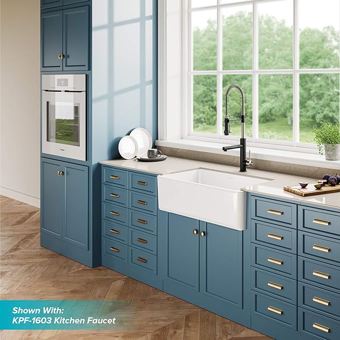 KRAUS KFR1-33GWH Turino Reversible 33-inch Fireclay Farmhouse Flat Apron Front Single Bowl Kitchen Sink with Bottom Grid in Gloss White