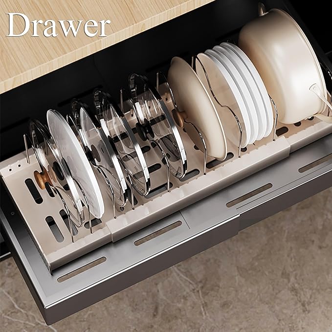 Pots and Pans Organizer Under Cabinet Expandable Pot Lid Holder with 7 Adjustable Dividers Pot Rack for Kitchen Storage Cutting Boards, Bakeware, Lid, White