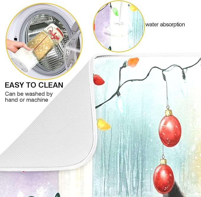 Merry Christmas Cat Dish Drying Mat for Kitchen Countertop 16x18 Winter Snow Kitty Xmas Reindeer Small Drying Mat Reusable Quick Dry Dish Sink Mats Easy Clean Decorative Essentials