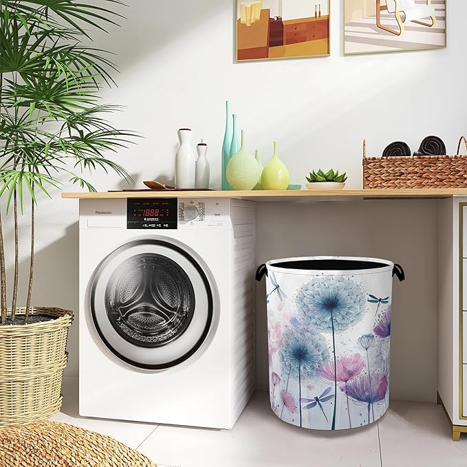 Dandelion Dragonfly Laundry Hamper,Dirty Clothes Laundry Basket with Handles Waterproof Oxford Cloth Storage Basket for College Dorms Bathroom Bedroom 16" x 20.8"