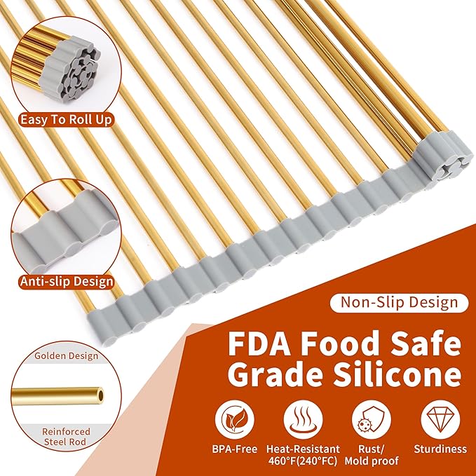 HAYAWEY Golden Roll-UP Dish Drying Rack-Large Stainless Steel Dish Drainer Over The Sink for Kitchen Countertop, Applicable for Sink Width Less Than 16.5in (Gold,17.8'x 15.7')