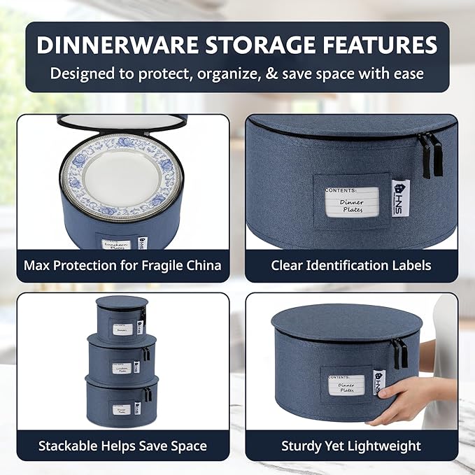 China Storage Hard Shell Containers 5-Piece Set Moving Boxes for Dinnerware, Glasses, Plates, Mugs and Saucers Sturdy Dish Organizer with Dividers for Seasonal Storage - Service for 12 - Denim Blue