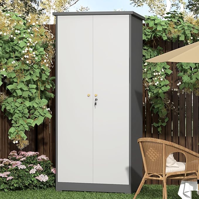 Outdoor Metal Storage Cabinet,Garden Storage Cabinet with Waterproof Coating,Waterproof Lockable Storage Cabinets for Garden,Backyard,Lawn,Dark Gray+White