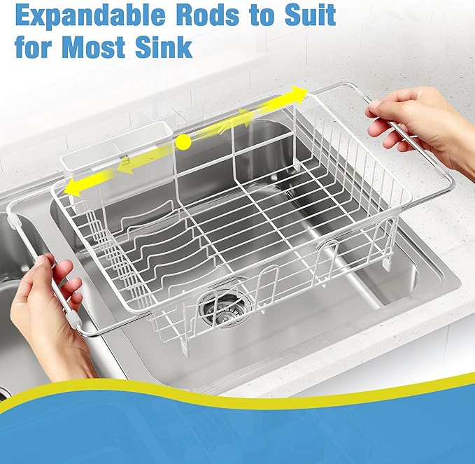 JASIWAY Dish Drying Rack in Sink, Small Dish Drainers for Inside Sink, Over The Sink Dish Racks, Stainless Steel Drying Rack with Utensil Holder, White