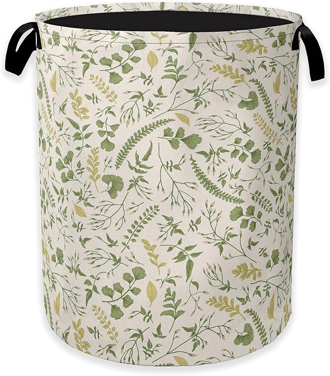 Green Herb Leaves Laundry Hamper,Rustic Wildflower Collapsible Laundry Baskets,Waterproof Oxford Cloth Laundry Room Organization for Bedroom,Bathroom,Nursery,16x20 Inch
