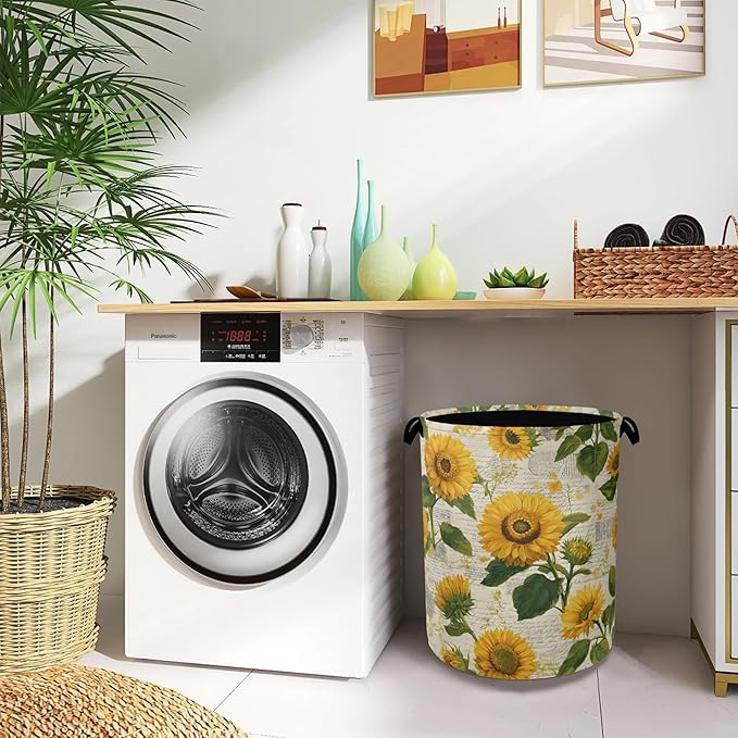 Vintage Sunflowers Laundry Basket,Oxford Cloth Laundry Hamper with Handle Foldable Portable Clothes Storage Basket for Bathroom Bedroom Dorm Room 16" x 20.8"