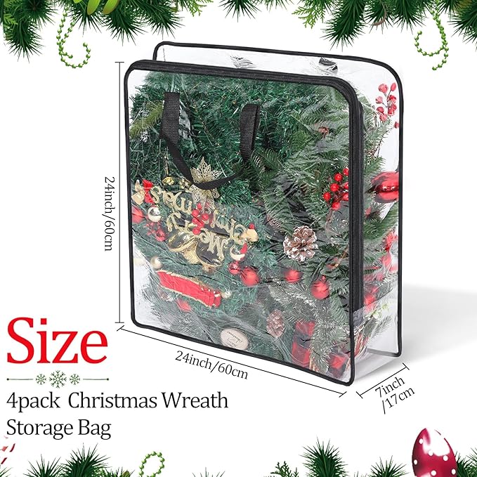 4 Pcs Christmas Wreath Storage Container Clear Organizer Storage Bag for Xmas Wreath Moving Bags with Handles and Dual Zipper Wreath Holder for Storage Plastic Christmas Storage Tote (30 x 8 Inch)