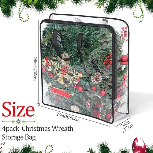 4 Pcs Christmas Wreath Storage Container Clear Organizer Storage Bag for Xmas Wreath Moving Bags with Handles and Dual Zipper Wreath Holder for Storage Plastic Christmas Storage Tote (30 x 8 Inch)