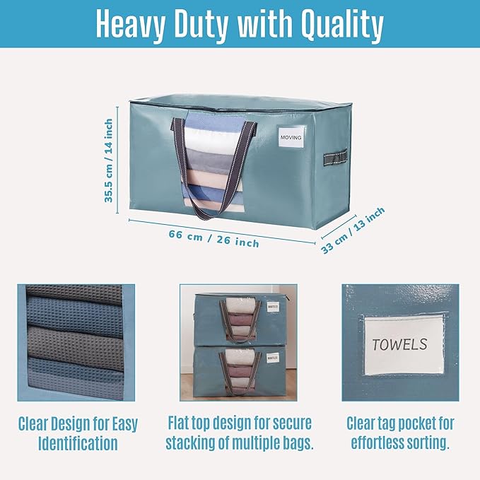 VENO 6 Pack Moving Bags, Christmas Storage Bins, Moving Boxes Alternative, Comforter and Blanket Storage Bags, College Dorm Packing Supplies, Foldable Heavy-Duty Tote (Shiny Light Blue, 6 Pack)