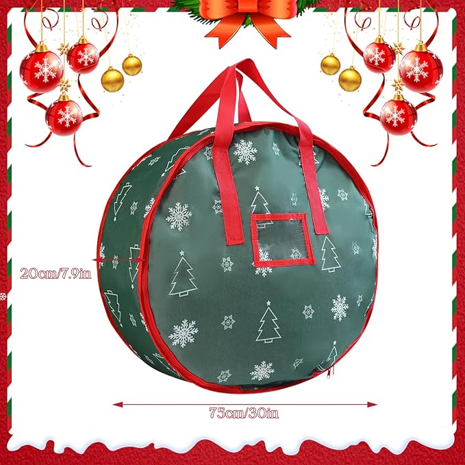 30 Inch Christmas Wreath Storage Bag, Wreath Storage Container with Carry Handles Zipper and Labeling Card Slot, Waterproof Garland Storage Container for Wreath Christmas Decoration, Green