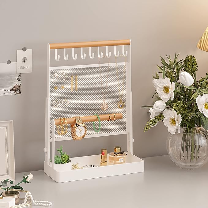 IOAIANIA Jewelry Organizer Stand, Liftable Necklace Holder with Earring Organizer Net, 9 Hooks Necklaces Storage Wooden Handing Bar for Bracelets Watches Rings (White)