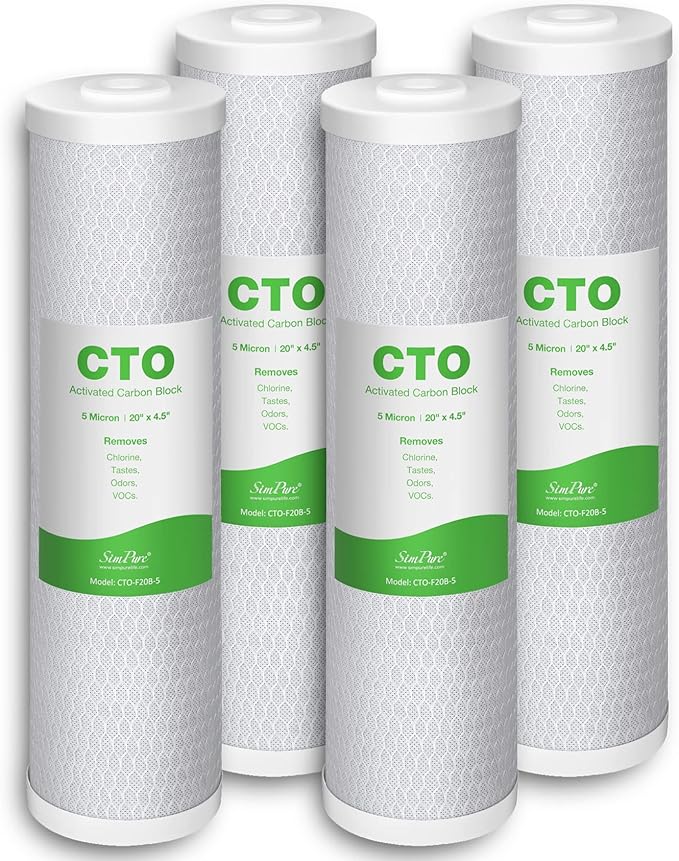 SimPure Whole House Water Filter Cartridges 5 Micron 20" x 4.5" CTO Activated Carbon Block, For DB20P, FC25B, CTO20BB, WHB20, 4 Pack