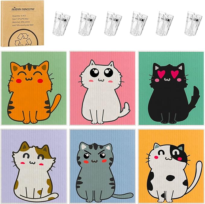 Needbrock 6 Pack Swedish Dishcloths for Kitchen, Swedish Rags Absorbent Cat Dish Cloths Dish Towels with Adhesive Clips, Reusable Paper Towels No Odor for Cleaning Kitchen Valentines Gifts for Women