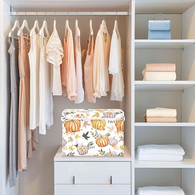Thanksgiving Storage Baskets Collapsible Storage Bins with Lids, Pumpkins Flowers Leaves Thanksgiving Storage Boxes Clothes Baskets for Organizing