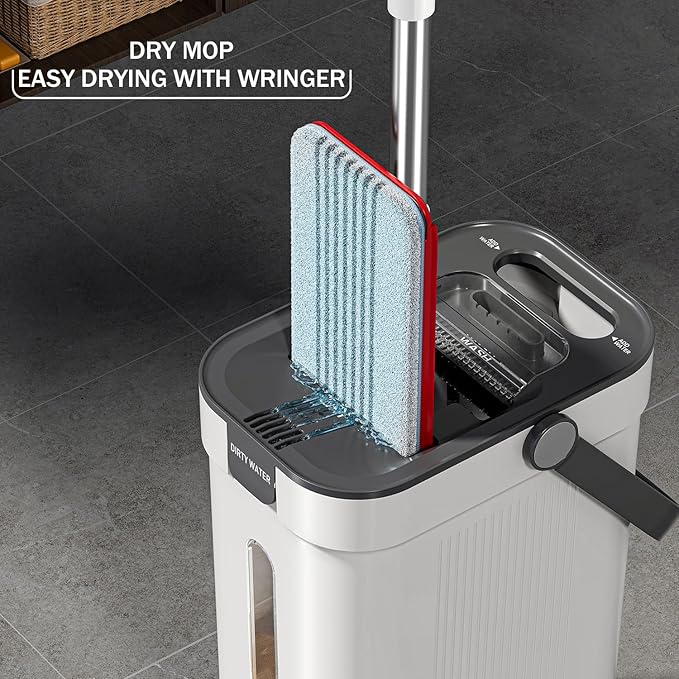 HoMettler Dual-Mop and Bucket Set, 3-Tank Flat Mop and Bucket System with Separate Dirty and Clean Water, Wall Cleaner Mop, Flat Mops for Floor Cleaning with 6 Microfiber Pads