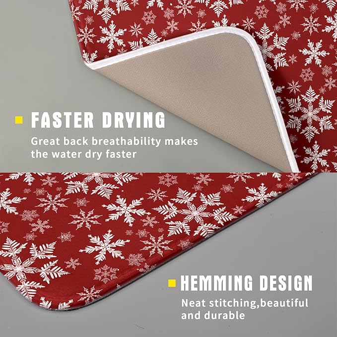 Christmas Dish Drying Mat for Kitchen Counter 18x16 Inch Xmas Snowflake Drying Mat with Absorbent Reversible Microfiber Red Dish Drainer Mats Rack Pad for Coffee Countertop Protector
