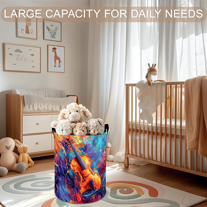 Violin Art Laundry Basket Hamper 19.7"x15.8", Colorful Music Foldable Waterproof Oxford Clothes Storage Bucket for Room Bathroom Bedroom Nursery Decor, Toy Organizer Bins Gifts for Kids Boys Girls