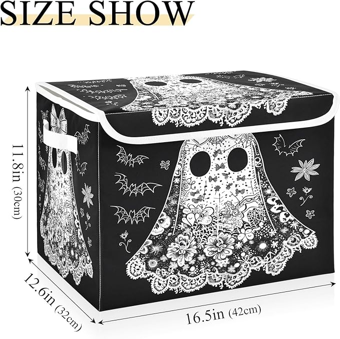 Bolaz Storage Bins with Lids and Handles,Cartoon Ghost Storage Box Basket with Cover Collapsible Organizer Containers for Home Closet, Shelves