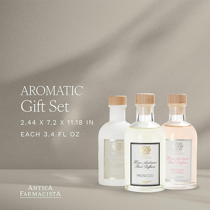 Antica Farmacista Reed Diffuser Gift Box - Includes Prosecco, Warm White & Pink Peony - Luxury Room Freshener for Anniversaries, Birthdays & Holidays - 3.4 fl oz Each