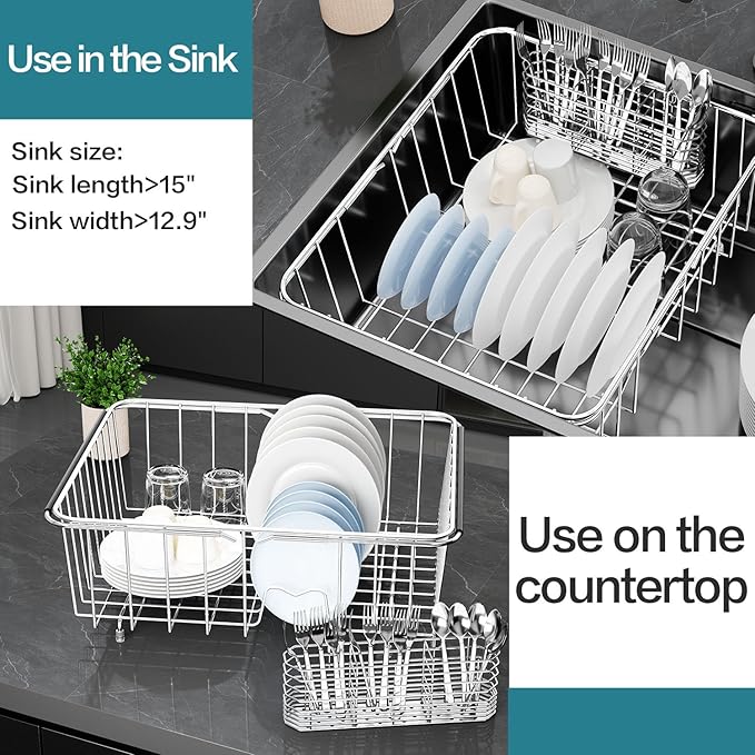 YZPGBT Large Dish Drying Rack in Sink Expandable, Adjustable304 Stainless Steel Metal Dish DrainerRack Organizer with Stainless Steel Utensil Holder Over Inside Sink Counter, Rustproof