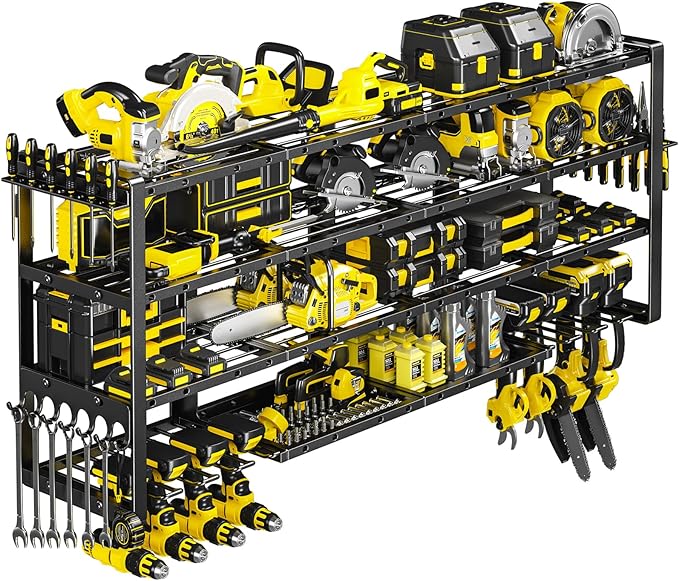 POKIPO Extra Large 64" W Power Tool Organizer Wall Mount, Load 1000 lbs, Heavy Duty 4 Tier Garage Storage Rack with 8 Drill Holders, 2 in 1 Corner or Straight Installation, Gift for Men