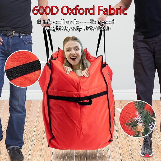 Christmas Tree Bags Storage 7.5 Ft Christmas Tree Storage Bag, Reusable Heavy Duty 600D Oxford Santa Tree Box/Container/Holder for Large Artificial Xmas Tree/Holiday Trees Red(60X18X25in)